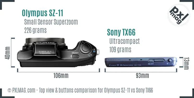 Olympus SZ-11 vs Sony TX66 top view buttons comparison