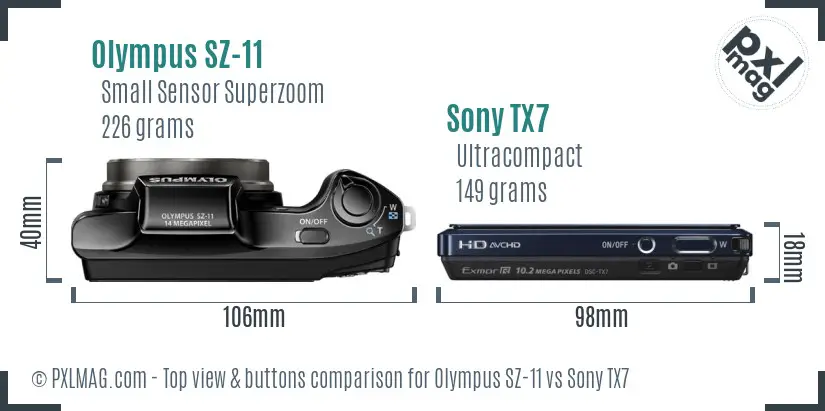 Olympus SZ-11 vs Sony TX7 top view buttons comparison