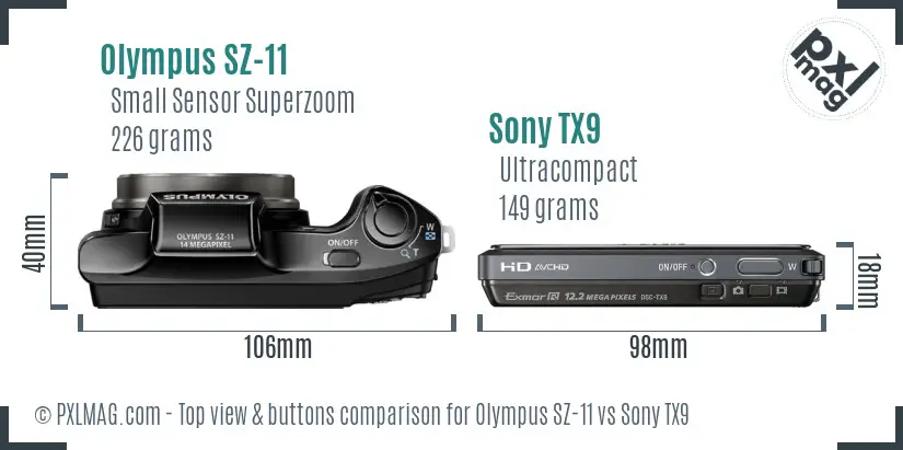 Olympus SZ-11 vs Sony TX9 top view buttons comparison