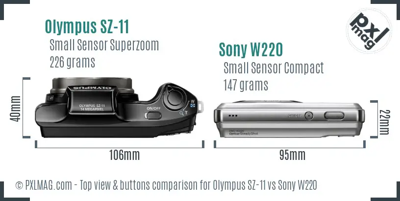 Olympus SZ-11 vs Sony W220 top view buttons comparison