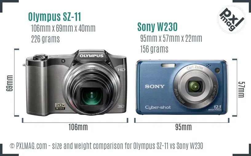 Olympus SZ-11 vs Sony W230 size comparison