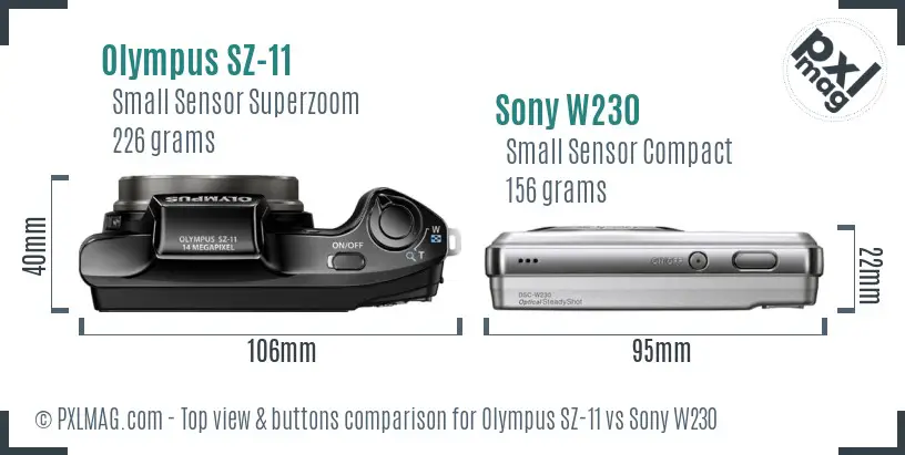 Olympus SZ-11 vs Sony W230 top view buttons comparison