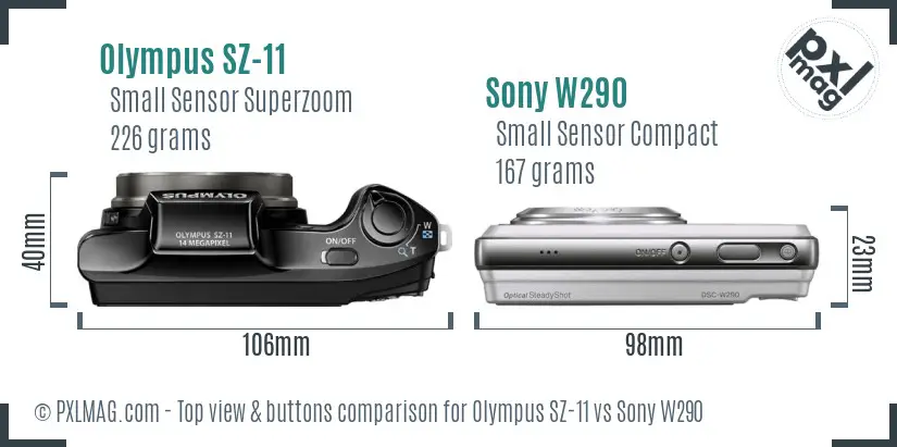 Olympus SZ-11 vs Sony W290 top view buttons comparison