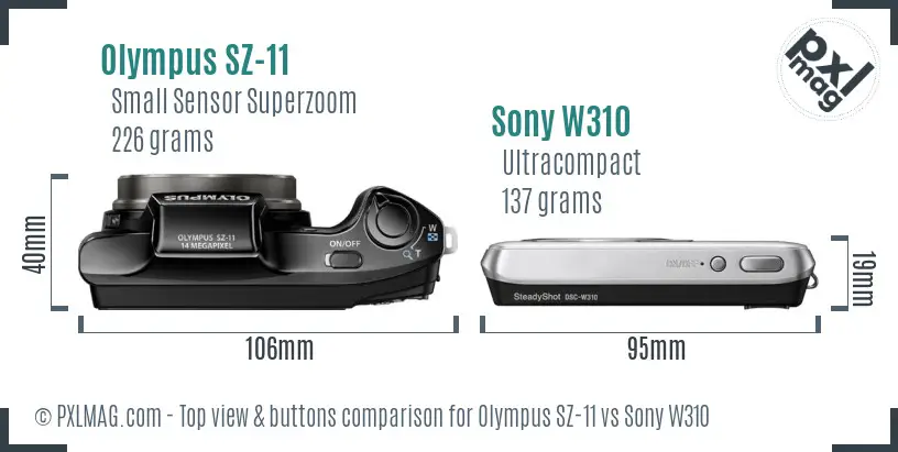 Olympus SZ-11 vs Sony W310 top view buttons comparison