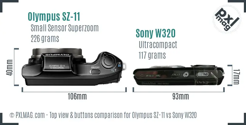 Olympus SZ-11 vs Sony W320 top view buttons comparison