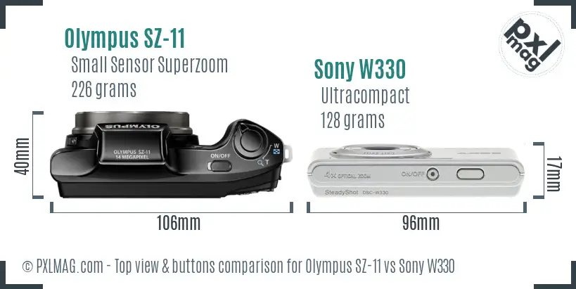 Olympus SZ-11 vs Sony W330 top view buttons comparison