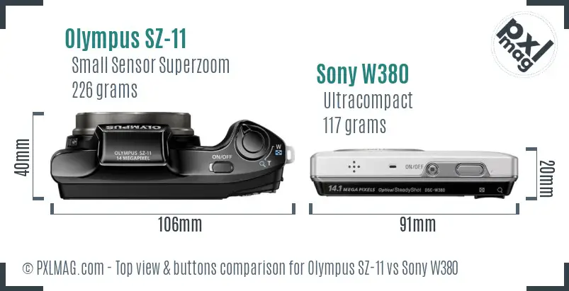 Olympus SZ-11 vs Sony W380 top view buttons comparison