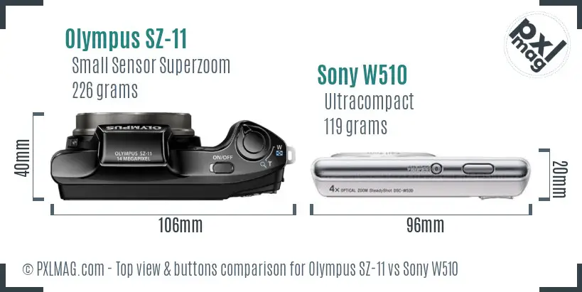 Olympus SZ-11 vs Sony W510 top view buttons comparison