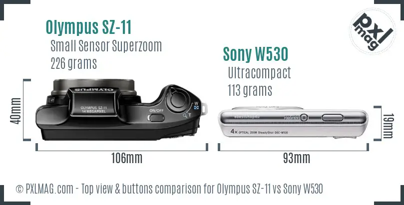 Olympus SZ-11 vs Sony W530 top view buttons comparison