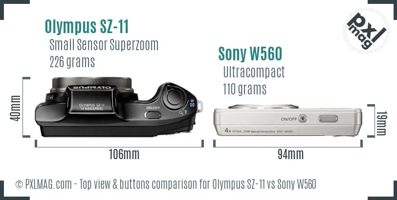 Olympus SZ-11 vs Sony W560 top view buttons comparison