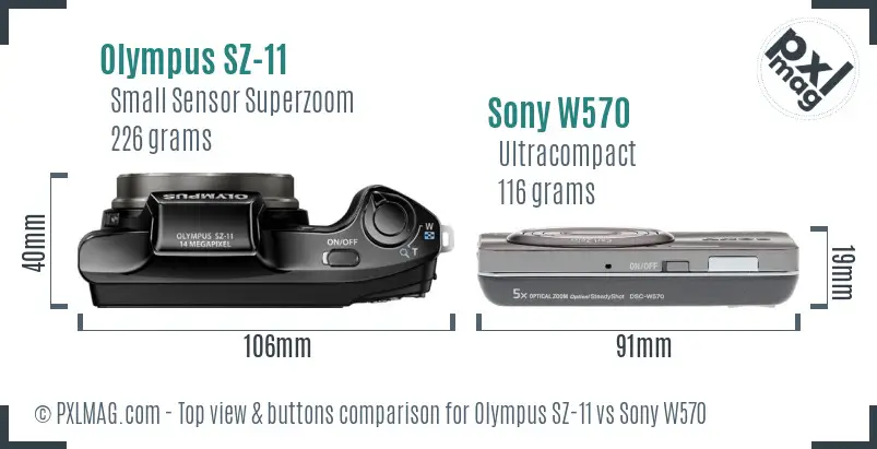 Olympus SZ-11 vs Sony W570 top view buttons comparison
