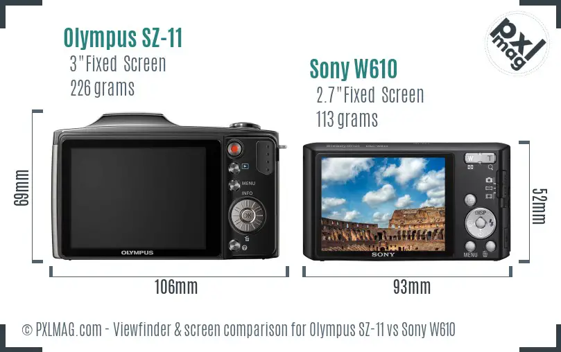 Olympus SZ-11 vs Sony W610 Screen and Viewfinder comparison
