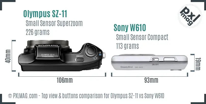 Olympus SZ-11 vs Sony W610 top view buttons comparison