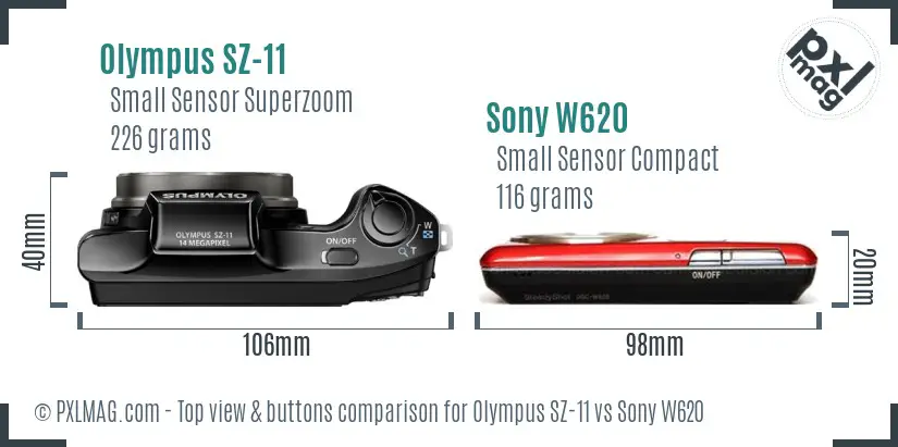 Olympus SZ-11 vs Sony W620 top view buttons comparison