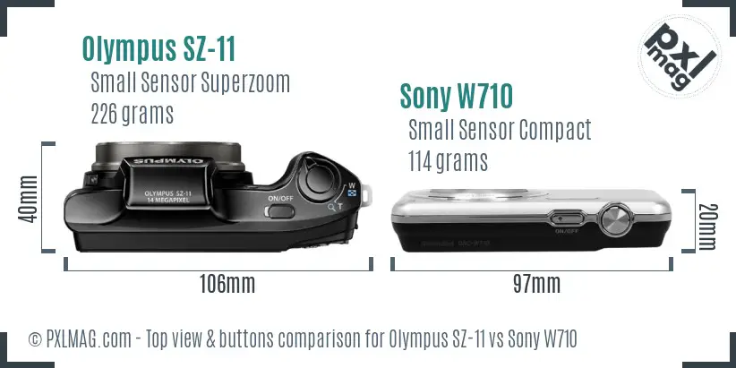 Olympus SZ-11 vs Sony W710 top view buttons comparison