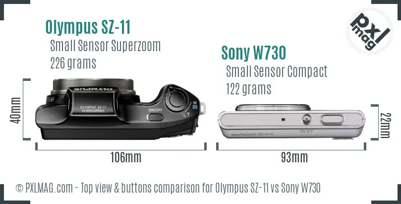 Olympus SZ-11 vs Sony W730 top view buttons comparison
