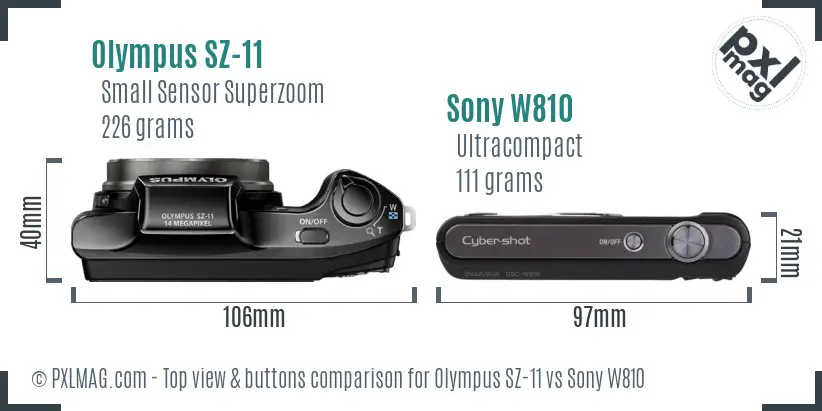 Olympus SZ-11 vs Sony W810 top view buttons comparison