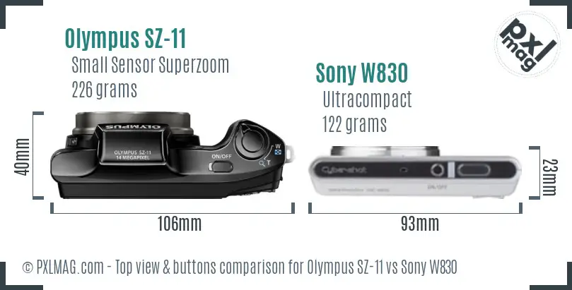 Olympus SZ-11 vs Sony W830 top view buttons comparison
