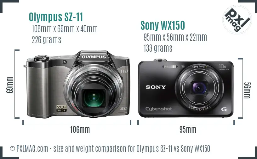 Olympus SZ-11 vs Sony WX150 size comparison