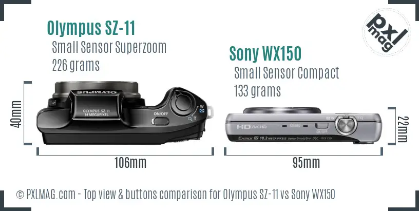 Olympus SZ-11 vs Sony WX150 top view buttons comparison