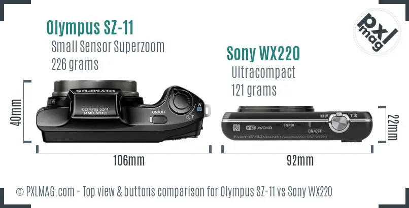 Olympus SZ-11 vs Sony WX220 top view buttons comparison