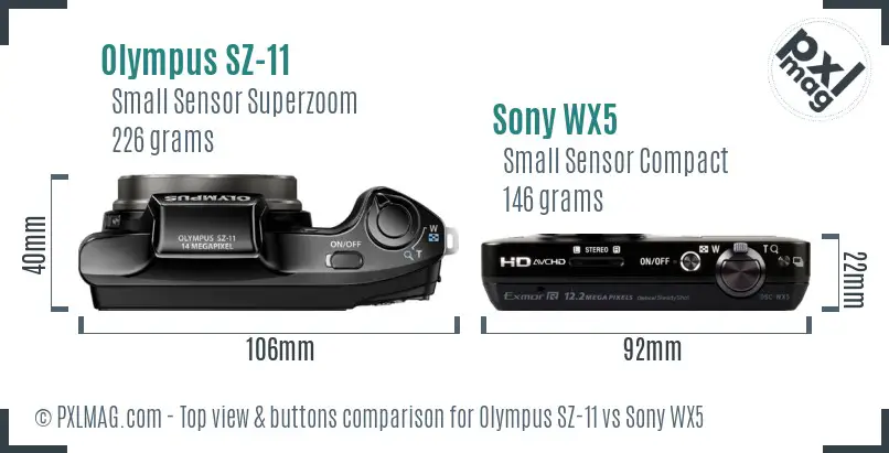 Olympus SZ-11 vs Sony WX5 top view buttons comparison