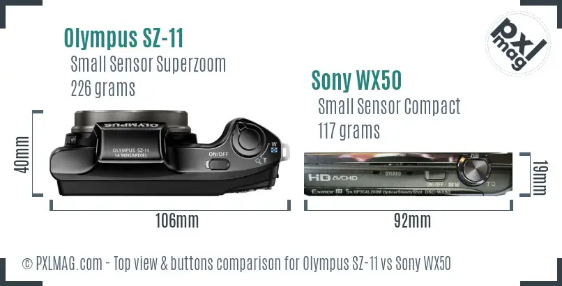 Olympus SZ-11 vs Sony WX50 top view buttons comparison