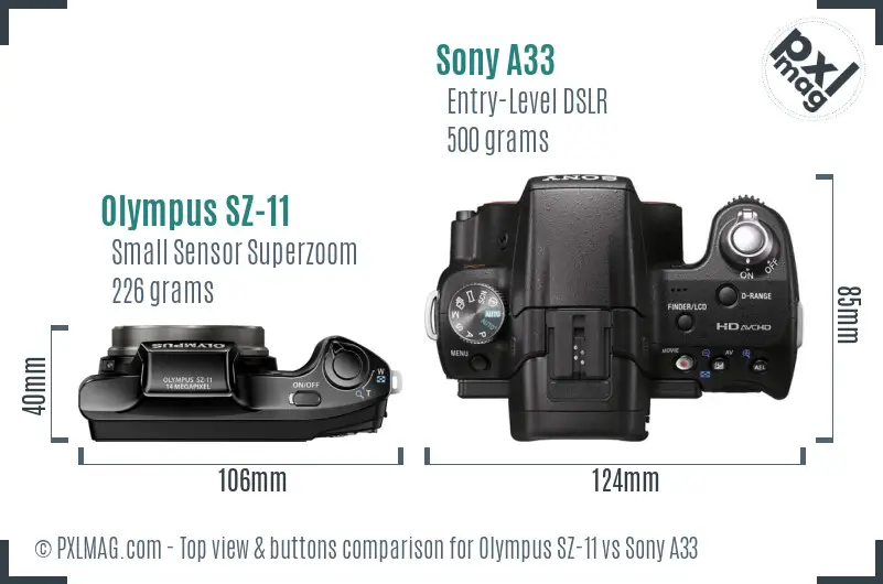 Olympus SZ-11 vs Sony A33 top view buttons comparison