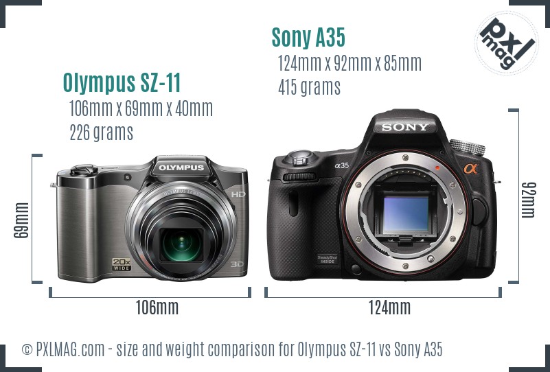 Olympus SZ-11 vs Sony A35 size comparison
