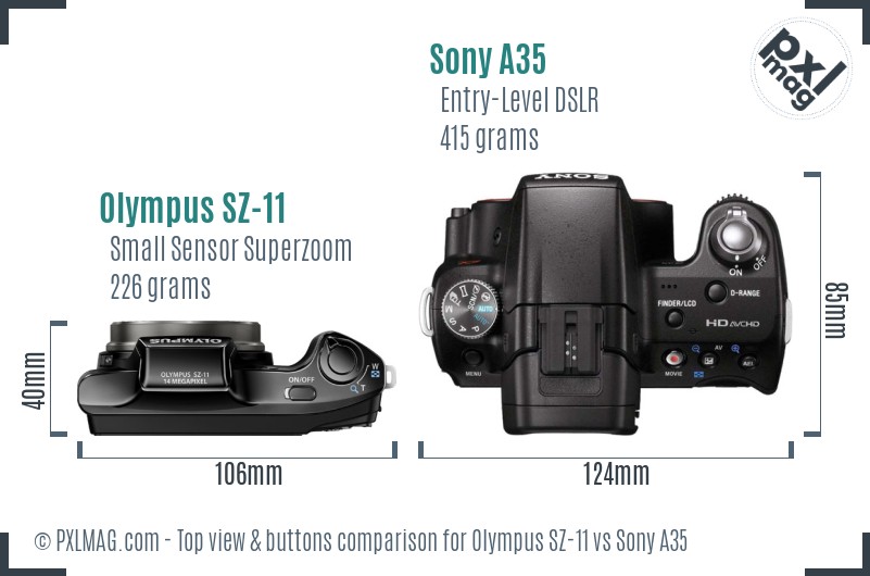 Olympus SZ-11 vs Sony A35 top view buttons comparison