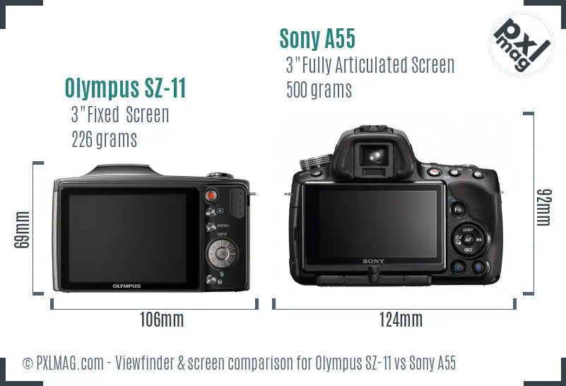 Olympus SZ-11 vs Sony A55 Screen and Viewfinder comparison