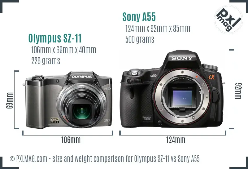 Olympus SZ-11 vs Sony A55 size comparison