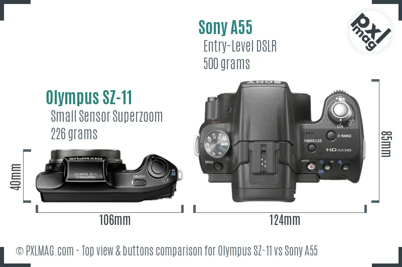 Olympus SZ-11 vs Sony A55 top view buttons comparison