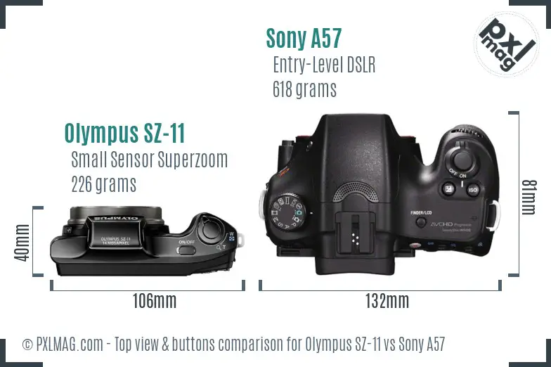 Olympus SZ-11 vs Sony A57 top view buttons comparison