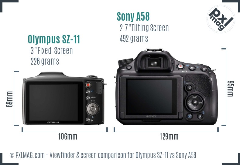 Olympus SZ-11 vs Sony A58 Screen and Viewfinder comparison