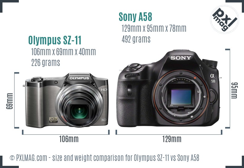 Olympus SZ-11 vs Sony A58 size comparison