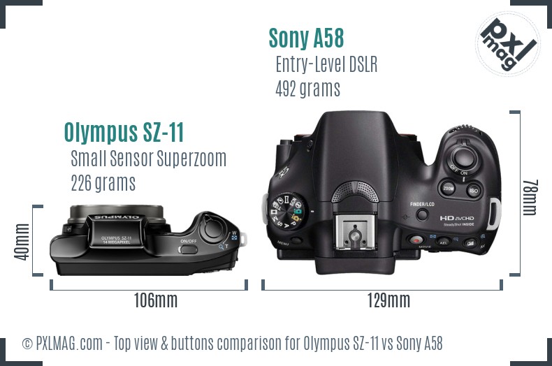 Olympus SZ-11 vs Sony A58 top view buttons comparison