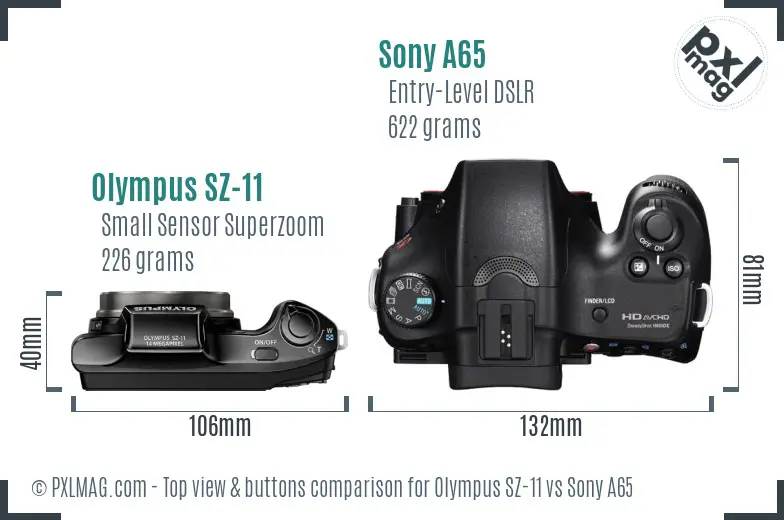 Olympus SZ-11 vs Sony A65 top view buttons comparison