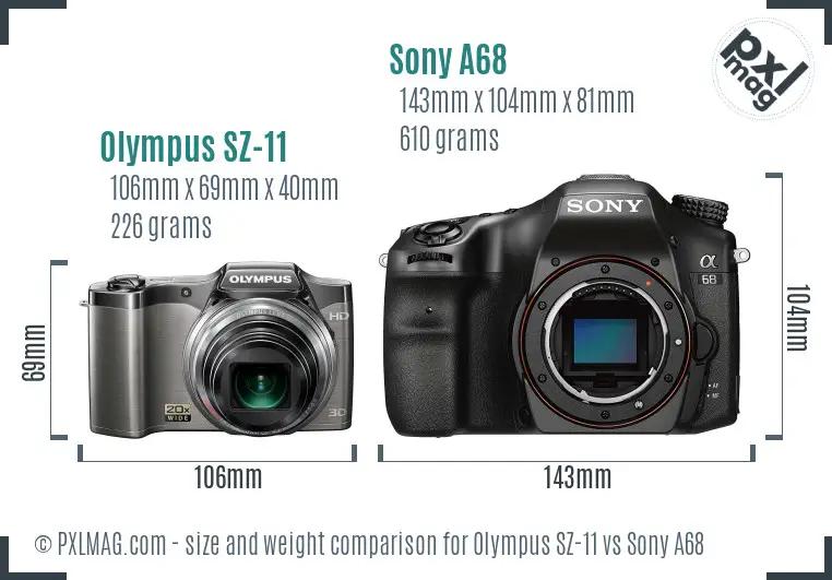 Olympus SZ-11 vs Sony A68 size comparison