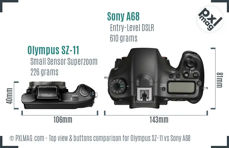 Olympus SZ-11 vs Sony A68 top view buttons comparison