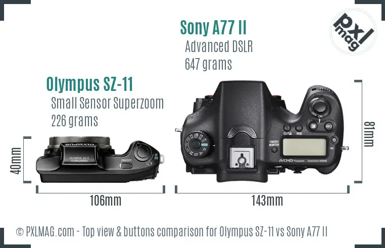 Olympus SZ-11 vs Sony A77 II top view buttons comparison