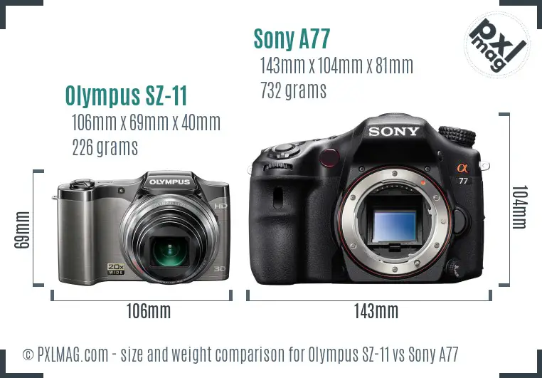 Olympus SZ-11 vs Sony A77 size comparison