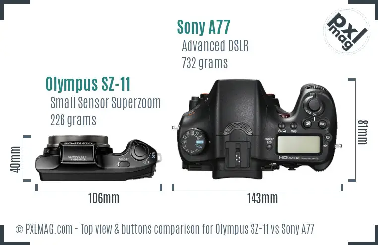 Olympus SZ-11 vs Sony A77 top view buttons comparison