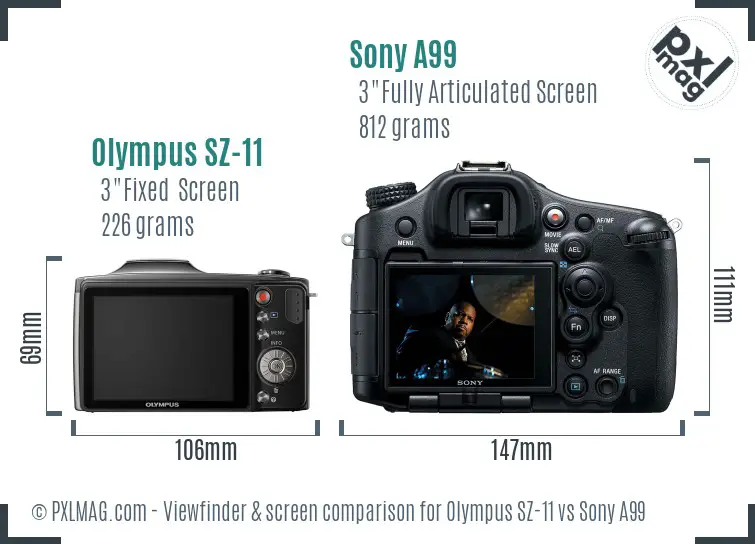 Olympus SZ-11 vs Sony A99 Screen and Viewfinder comparison