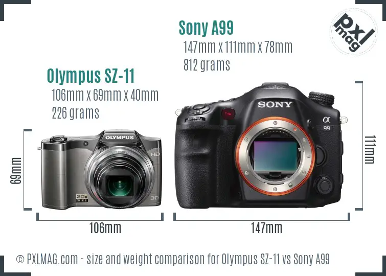 Olympus SZ-11 vs Sony A99 size comparison
