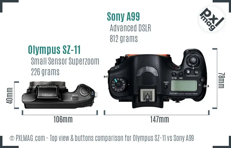 Olympus SZ-11 vs Sony A99 top view buttons comparison