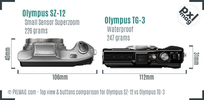 Olympus SZ-12 vs Olympus TG-3 top view buttons comparison