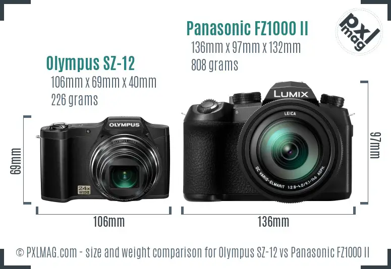 Olympus SZ-12 vs Panasonic FZ1000 II size comparison