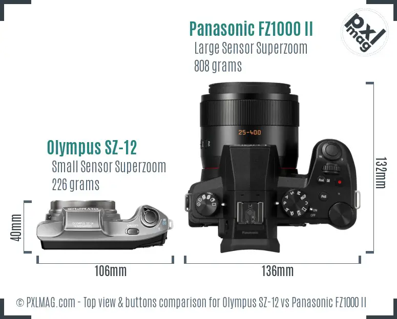 Olympus SZ-12 vs Panasonic FZ1000 II top view buttons comparison