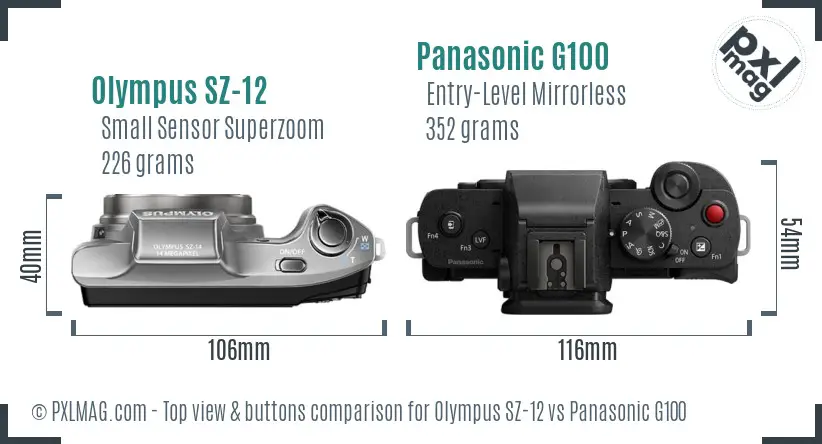 Olympus SZ-12 vs Panasonic G100 top view buttons comparison